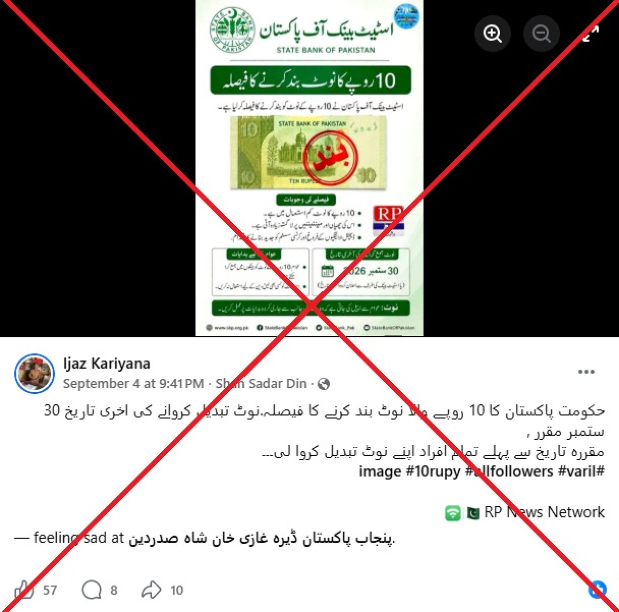 Screenshot of the false post captured on September 8, 2026, with red X added by AFP