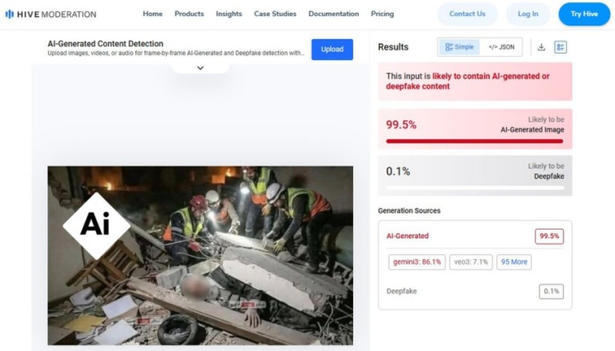 Screenshot of the Hive moderation 'AI detector' tool result