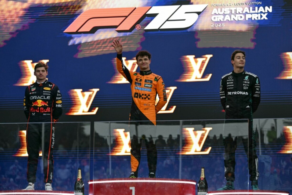 Max Verstappen, Lando Norris and George Russell on the Melbourne podium