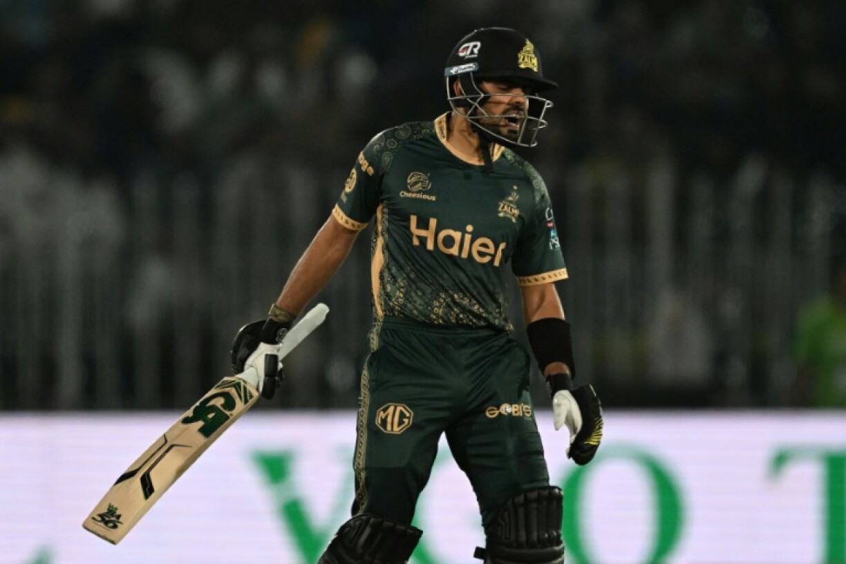Babar Azam, pictured playing for Peshawar Zalmi in the PSL, has been dropped along with Mohammad Rizwan and Shaheen Shah Afridi
