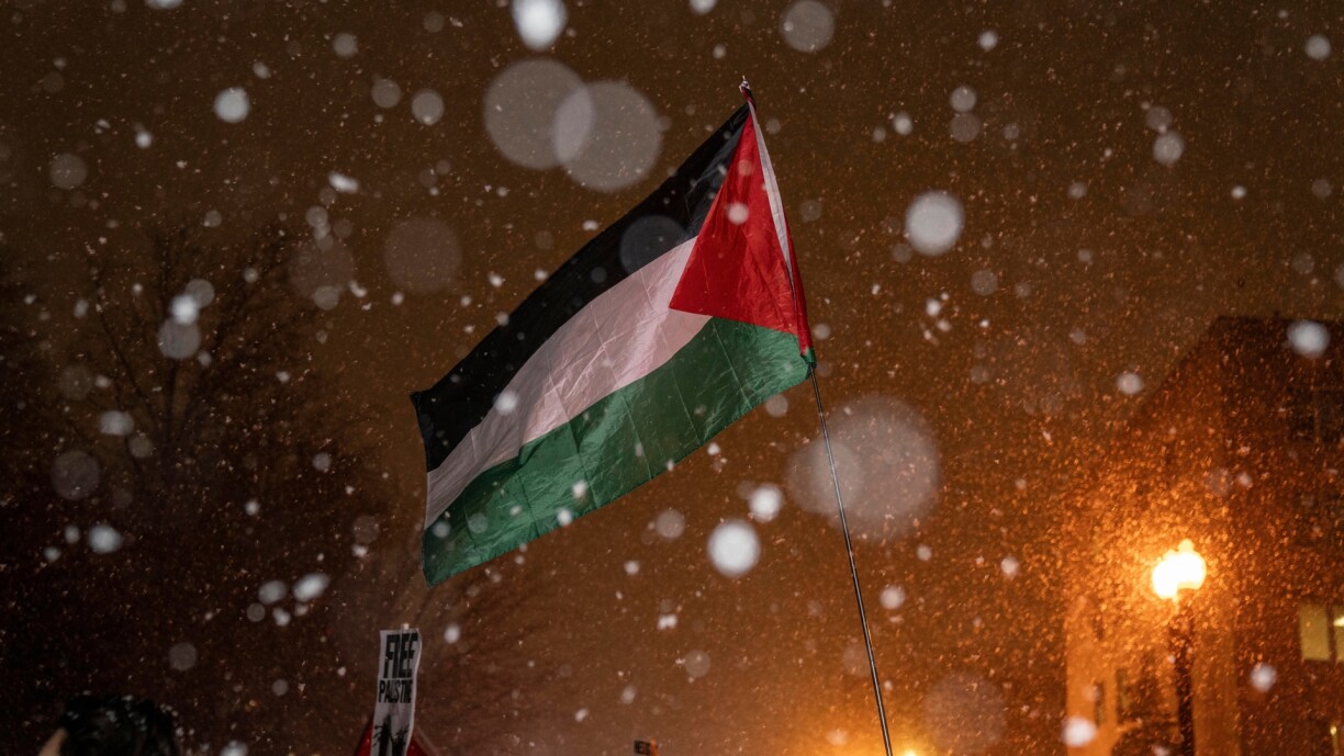 Protesters show up at the State Department in Washington to celebrate the ceasefire deal in Gaza.