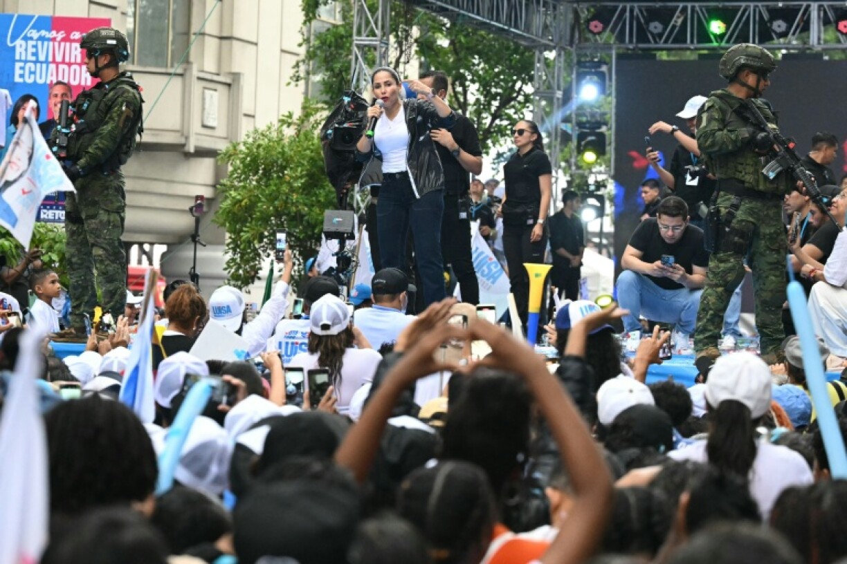 Ecuador's presidential candidate for the Citizen Revolution Movement, Luisa Gonzalez, speaks to supporters during her campaign closing rally in Guayaquil