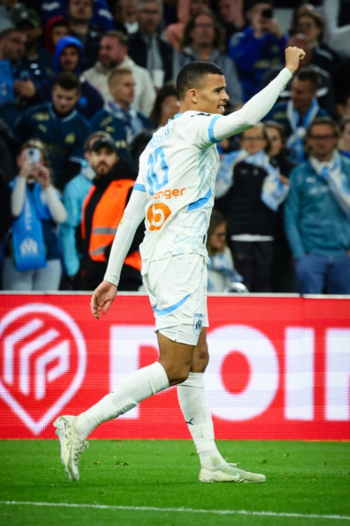Mason Greenwood celebrates after scoring for Marseille against Brest last weekend