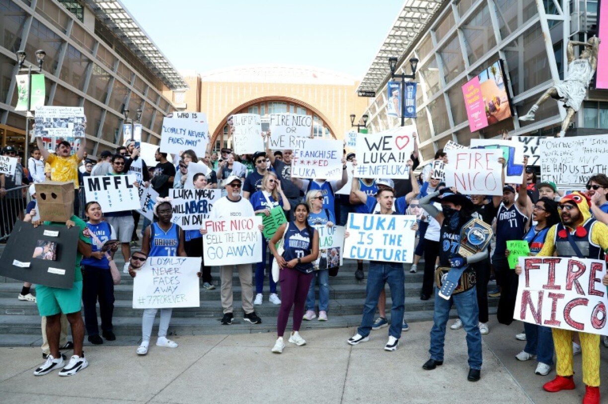 Dallas Mavericks fans angered at the trade of Luka Doncic prostest outside the team's arena before a game against the Houston Rockets