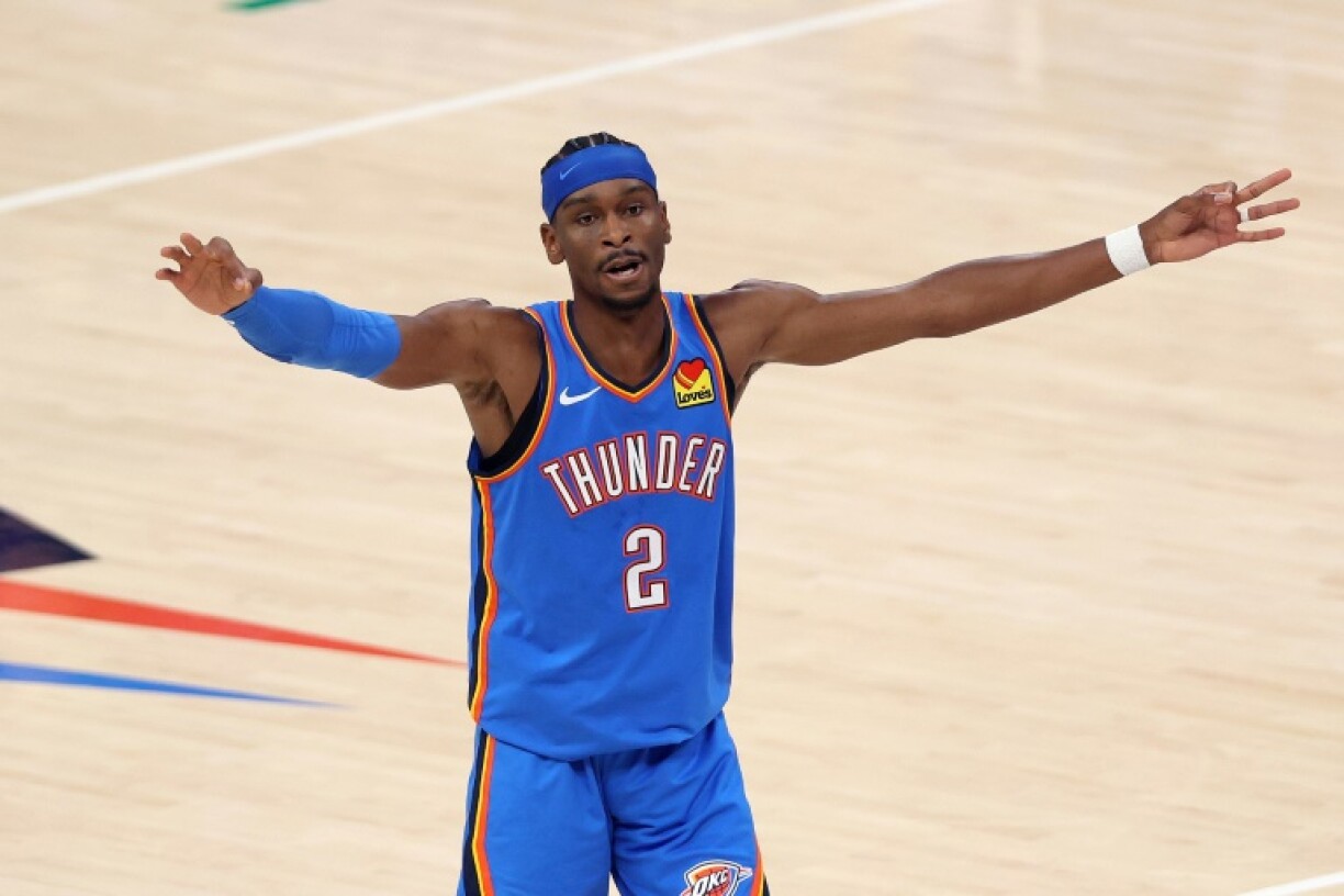 Shai Gilgeous-Alexander of the Oklahoma City Thunder reacts after a three-pointer in his team's playoff victory over Minnesota to reach the NBA Finals