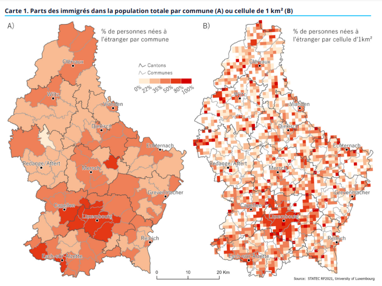Percentage of people born outside of Luxembourg per commune.