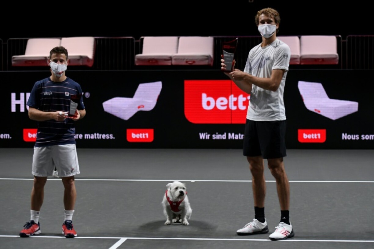 Les finalistes du tournoi de Cologne, Alexander Zverev le vainqueur (d) et Diego Schwartzman, le 25 octobre 2020