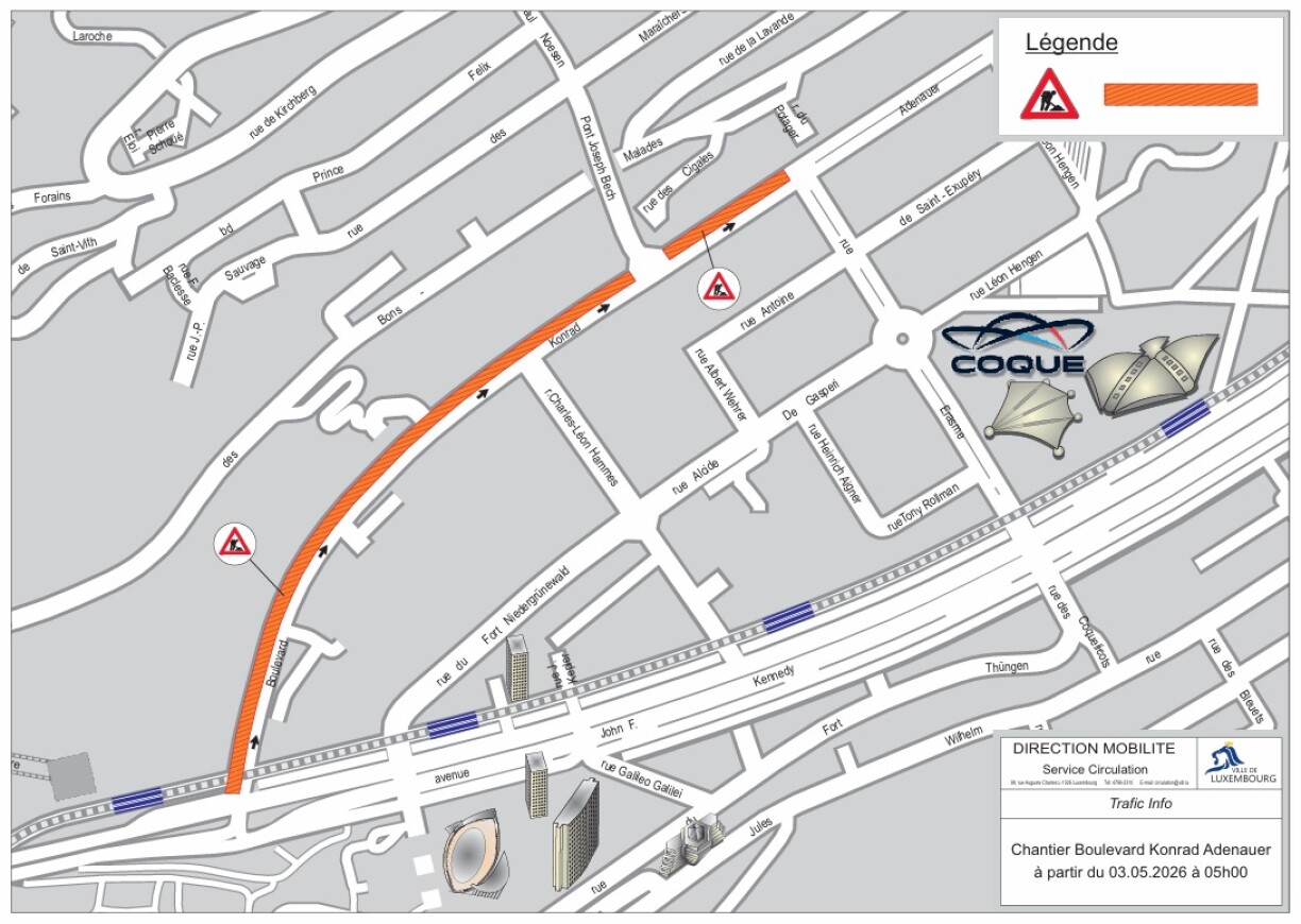 Le boulevard Adenauer sera en sens unique à hauteur de la BEI. Les bus seront déviés une rue plus loin.