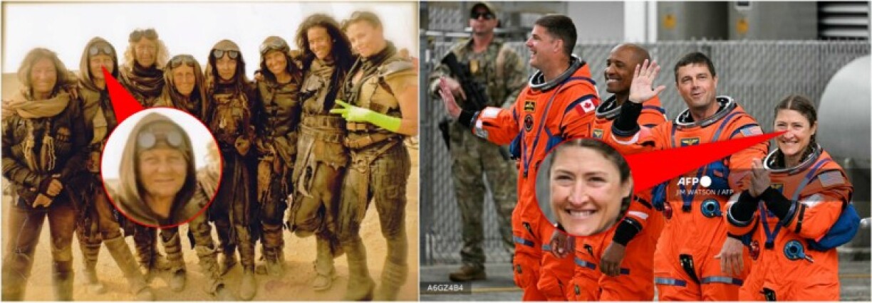 Comparison between the actress (L) and the astronaut, with highlights added by AFP