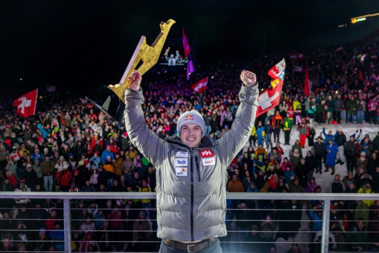 Canada's James Crawford poses after winning the Kitzbuehel downhill last month
