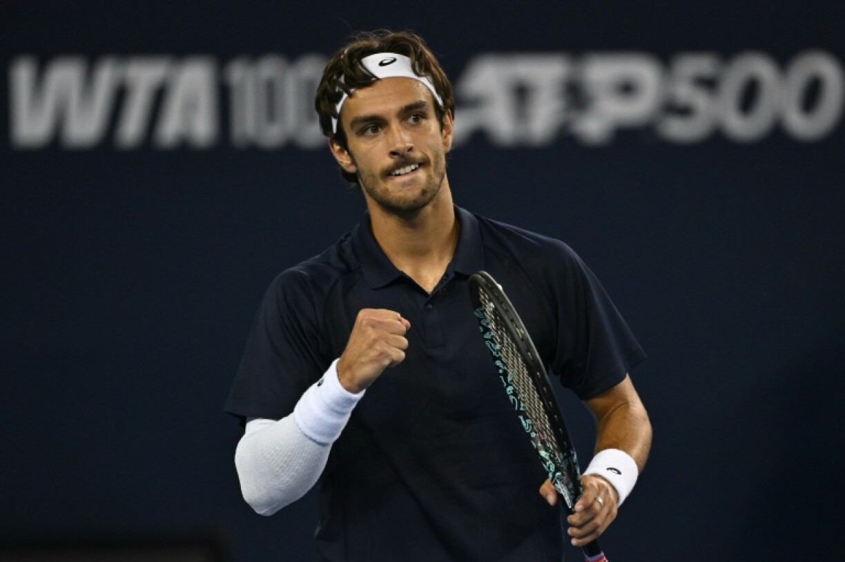 Italy’s Lorenzo Musetti reacts after winning a point against France’s Giovanni Mpetshi Perricard