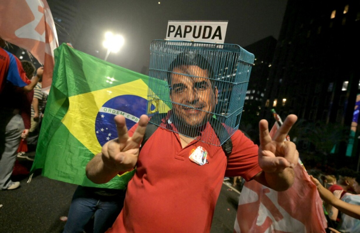 Lula supporter wears a mask of right-wing presidential candidate Flavio Bolsonaro inside a prison cage