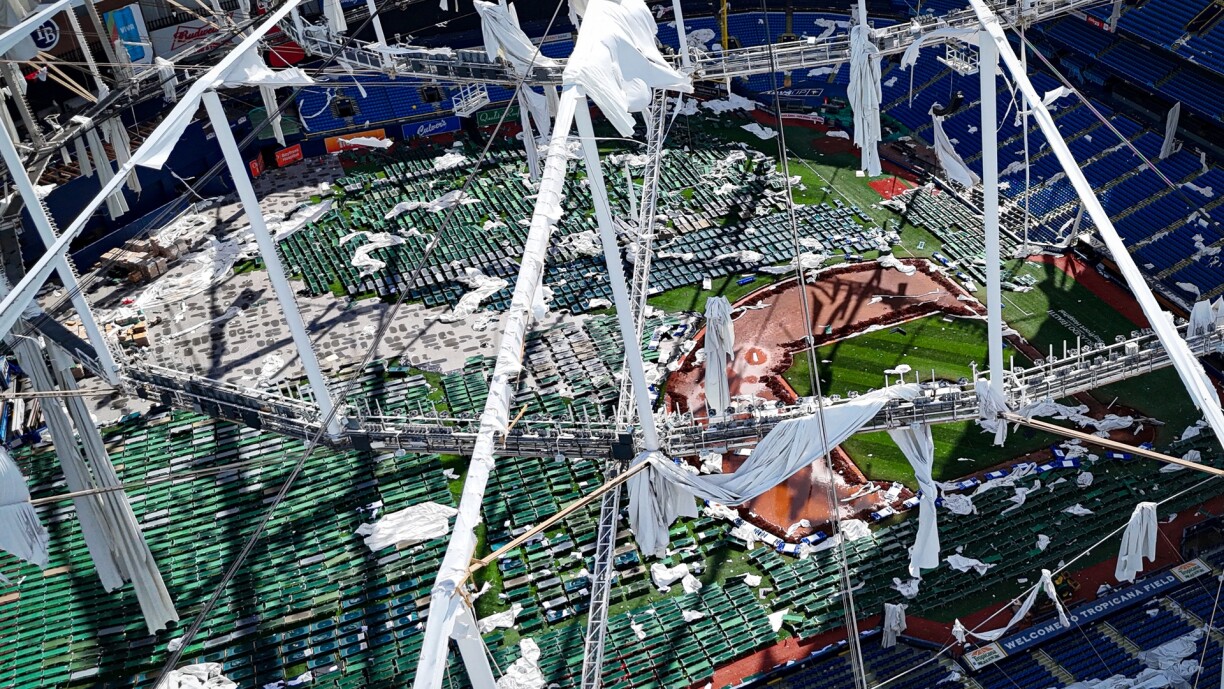 A drone image shows the dome of Tropicana Field which has been torn open due to Hurricane Milton in St Petersburg, Florida, on 10 October.