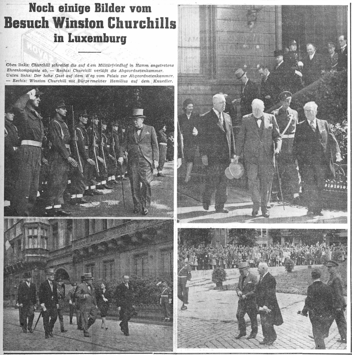 Clockwise from top left: Churchill at the military cemetery in Hamm, leaving the Chamber of Deputies, en route from the palace to the Chamber of Deputies, with mayor Hamilius on Place Guillaume II.