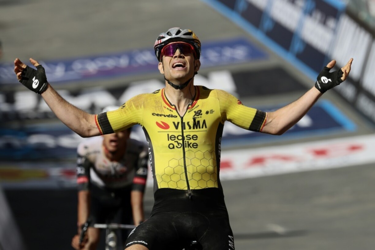 Wout van Aert celebrates his win on stage nine of the Giro