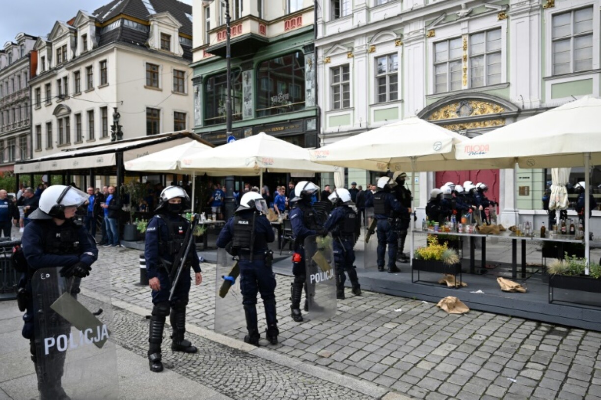 Polish riot police on the streets of Wroclaw ahead of the Conference League final