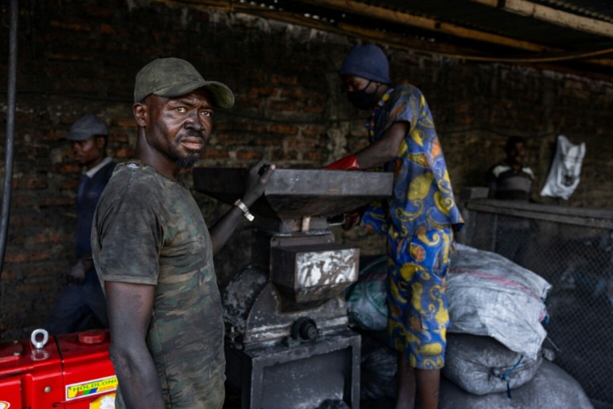 Workers crush burnt agricultural waste at a 'green coal' production plant in Chad