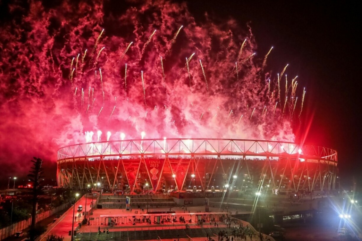 Fireworks light up the sky over the Narendra Modi Stadium in Ahmedabad