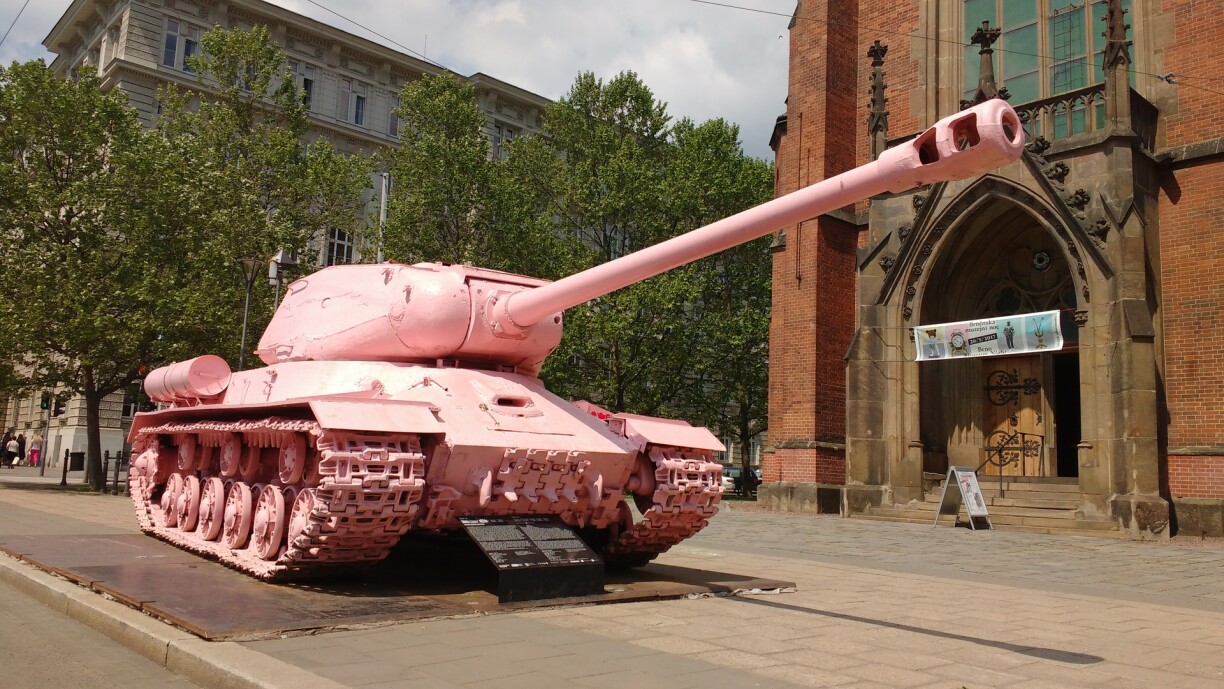 A Soviet tank, painted pink, pictured in Brno.