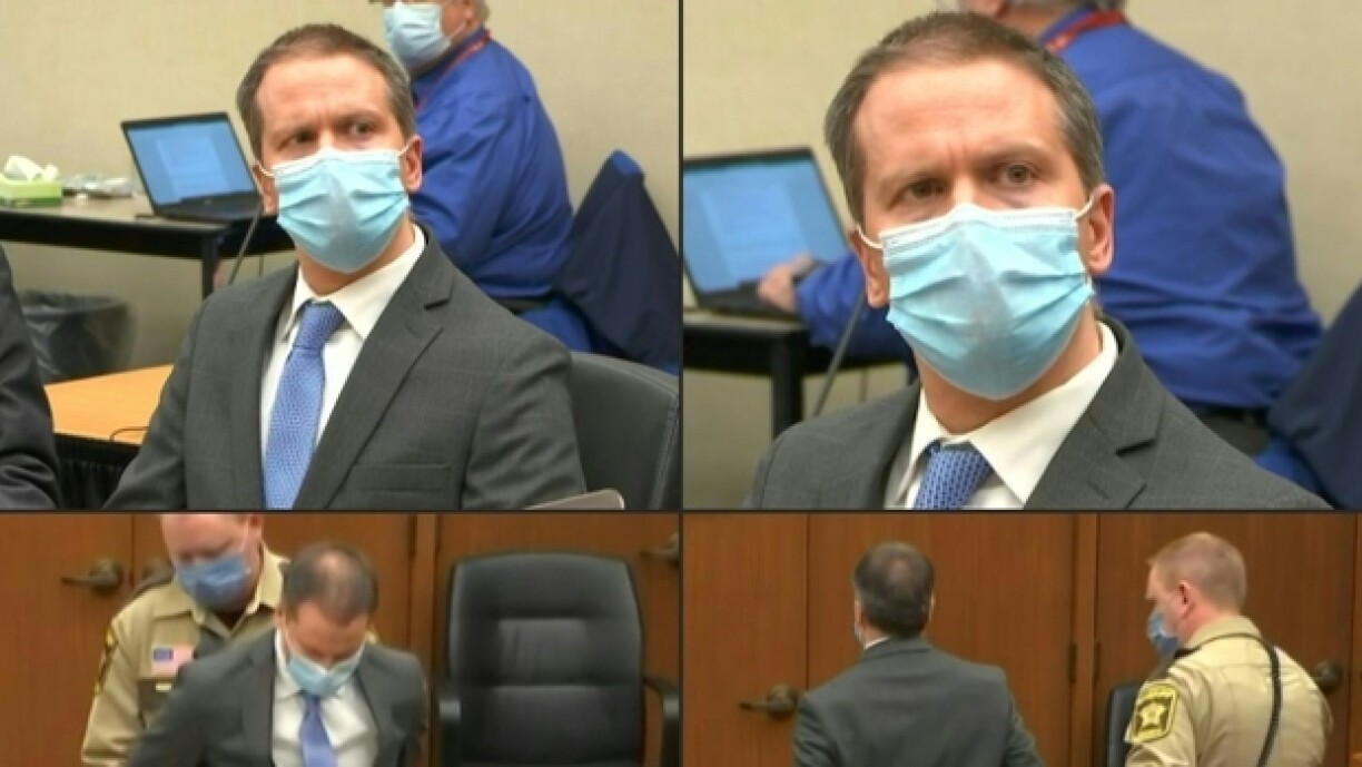 Combinaison d'images montrant Derek Chauvin lors de l'énoncé du verdict puis étant menotté et emmené par un agent, à Minneapolis, dans le Minnesota, le 20 avril 2021