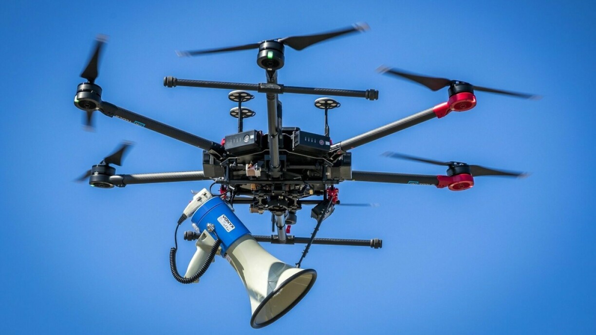 This picture taken on April 4, 2020, shows a drone used by police to control people and to ask them to respect social distances at a shopping boulevard in Heerlen, the Netherlands.
