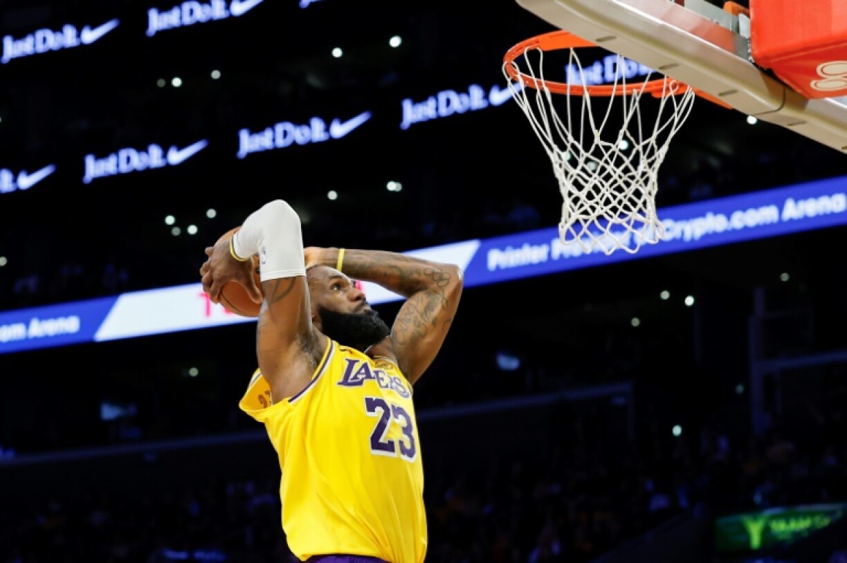 LeBron James of the Los Angeles Lakers dunks the ball in the Lakers' season-ending loss to the Minnesota Timberwolves in game five of their NBA first-round playoff series