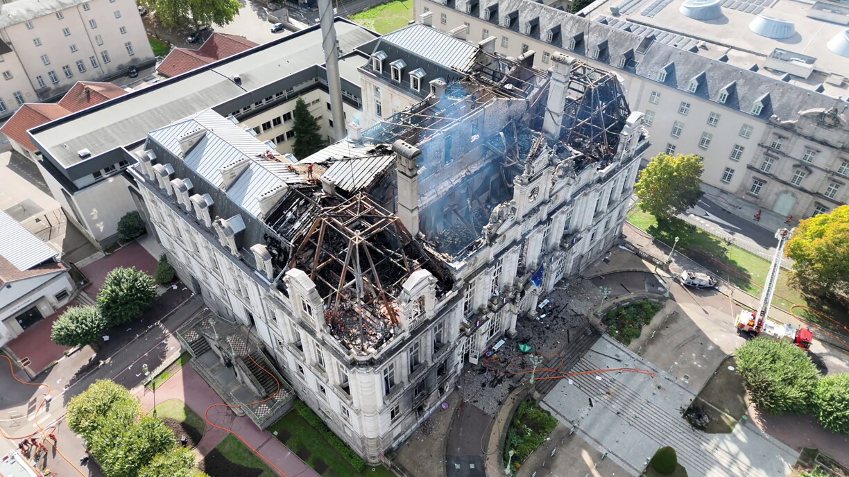 This handout screen grab from video footage released on October 18, 2026 by the SDIS 87 (Haute Vienne region fire departement) shows the destroyed Limoges city hall after being set on fire, a day after nationwide protests against the "high cost of living".