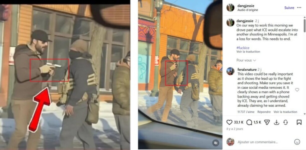 Comparaison entre le montage diffusé sur X (à gauche) et la vidéo originale publiée sur Instagram (à droite), réalisée le 27/01/2026. Encadrés rouges ajoutés par l'AFP.