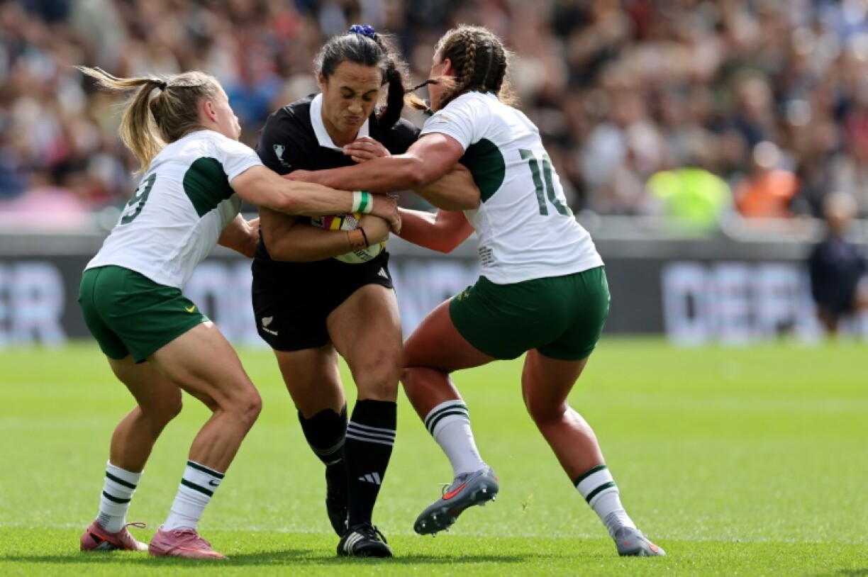 New Zealand captain Ruahei Demant (C) in action during a 46-17 Women's Rugby World Cup quarter-final win over South Africa in Exeter