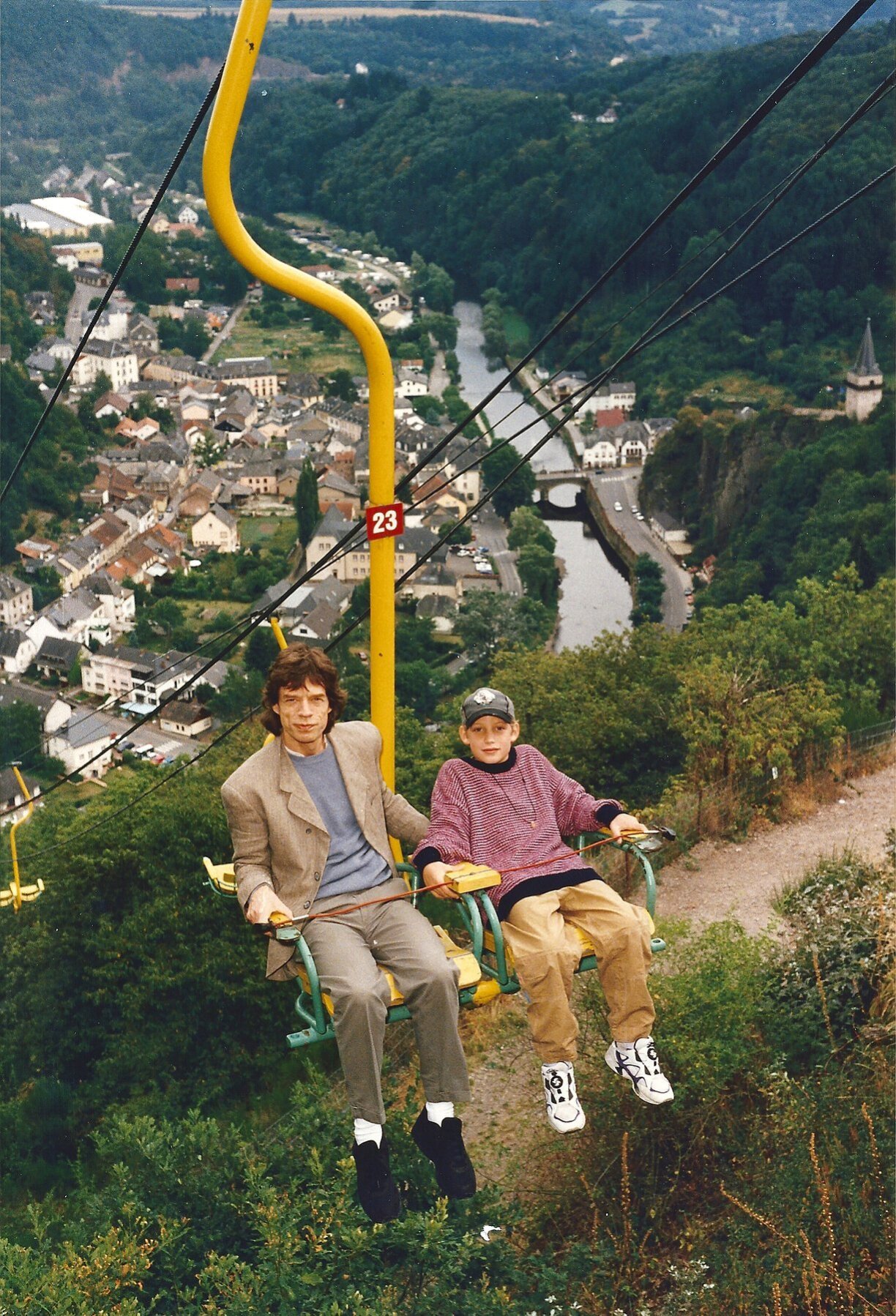 Mick Jagger and his son on the Vianden chairlift in 1995.