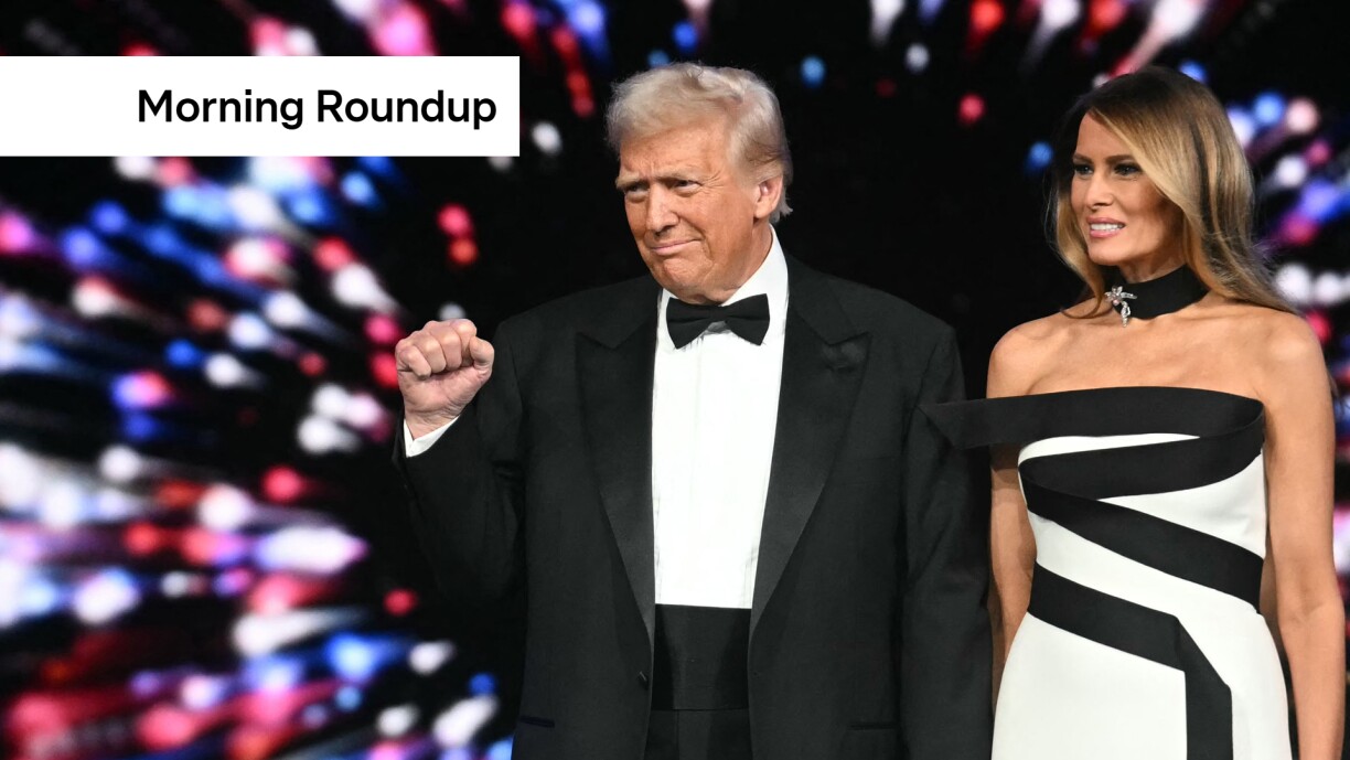 US President Donald Trump (L) and First Lady Melania Trump arrive for the Liberty inaugural ball in Washington, DC, on January 20, 2025. (Photo by Jim WATSON / AFP)