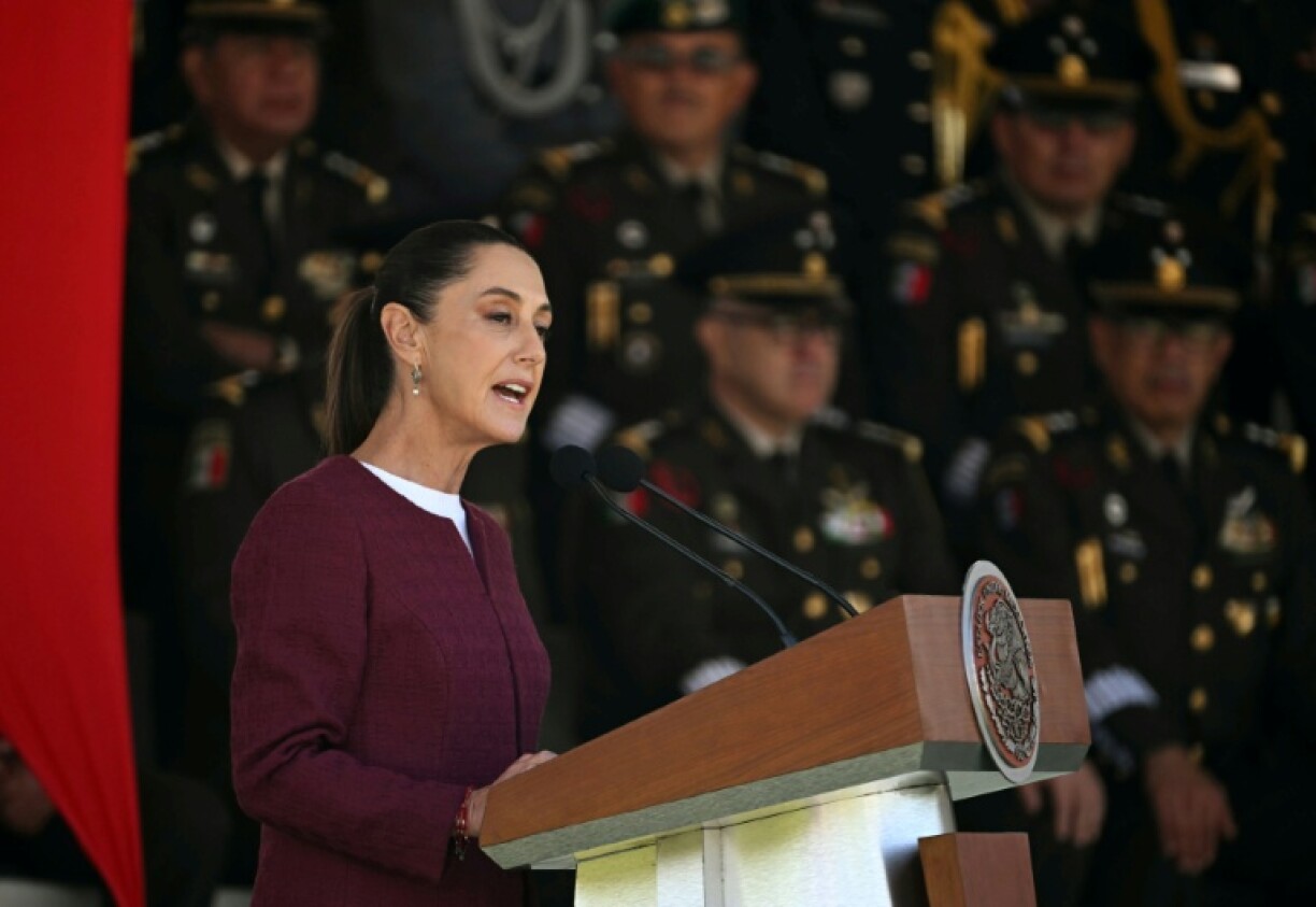 Mexican President Claudia Sheinbaum delivers a speech during a military ceremony