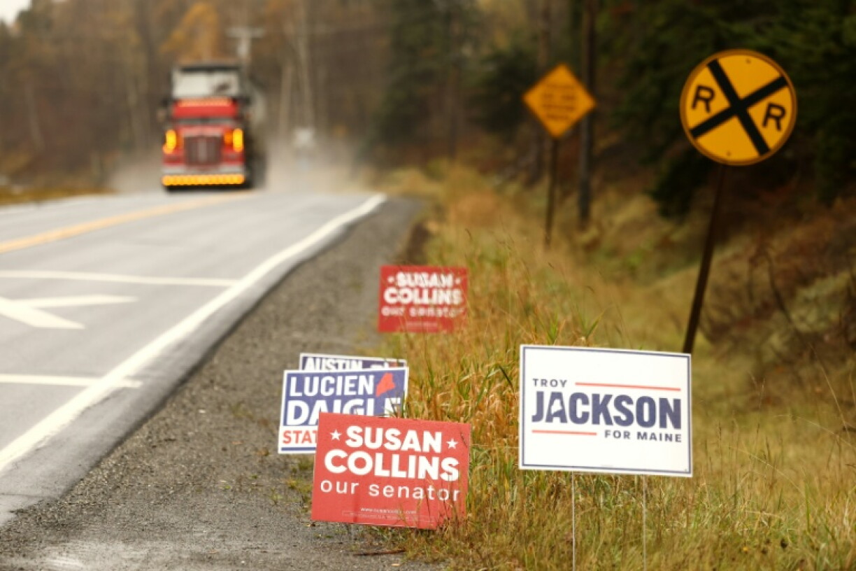 Campaign signs for US Senate candidates Susan Collins, the Republican incumbent, and her Democratic challenger Troy Jackson are seen on roadsides across Maine in the runup to the US midterm elections on November 3, 2026