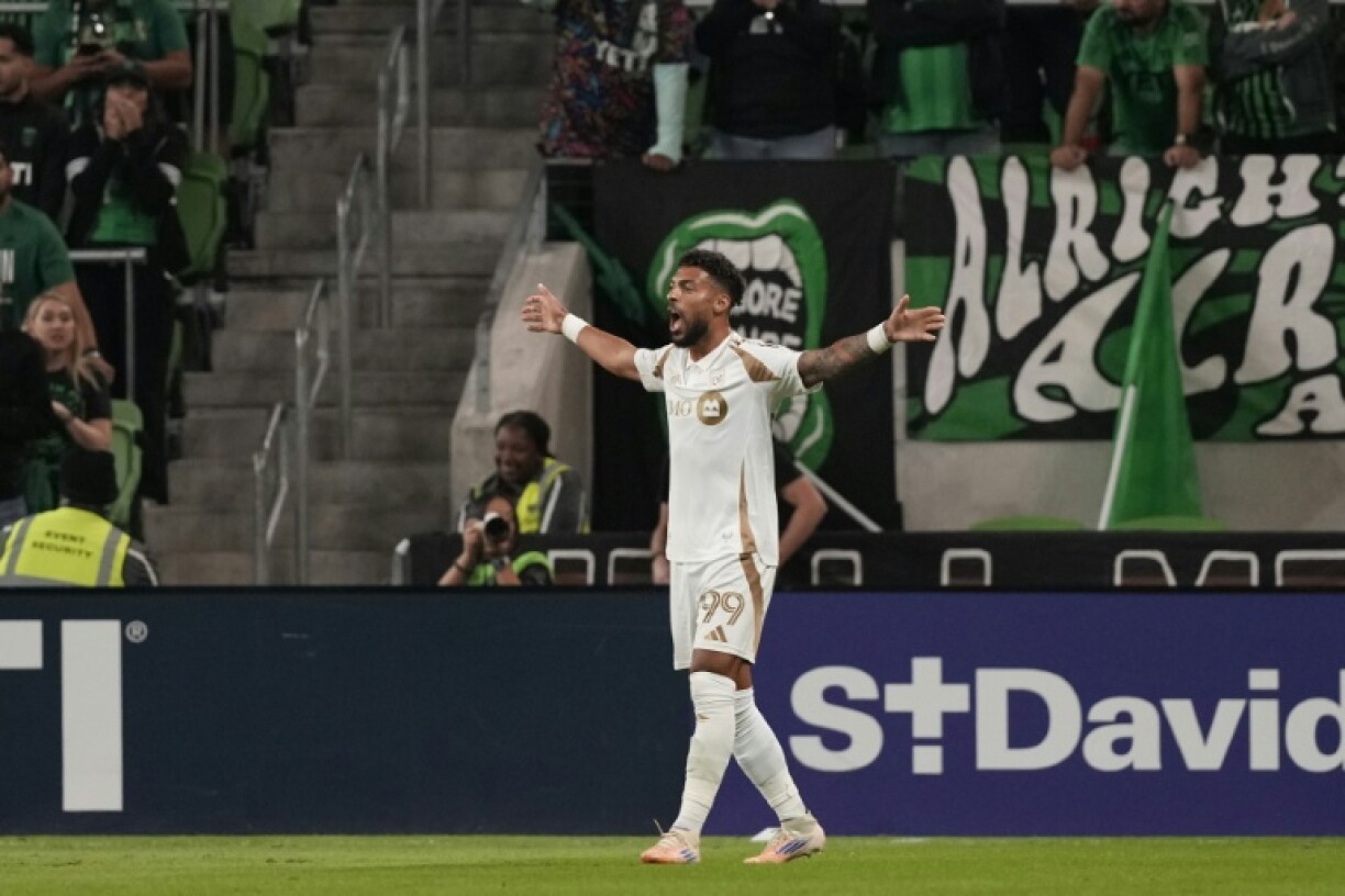 Denis Bouanga of Los Angeles FC celebrates after scoring a goal in a 4-1 MLS Cup playoff victory over Austin FC