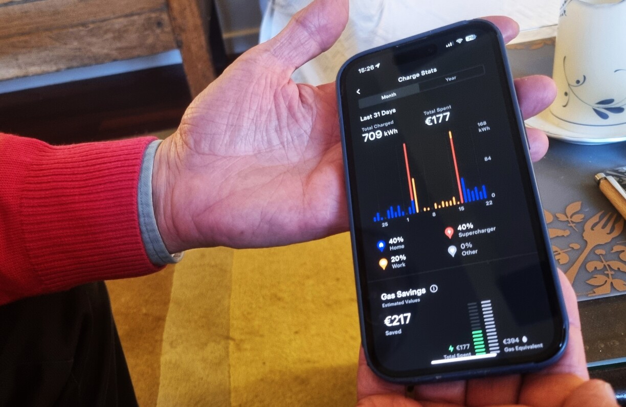 Luca nous montre l'application Tesla qui lui fournit notamment des statistiques détaillées sur sa consommation d'électricité.
