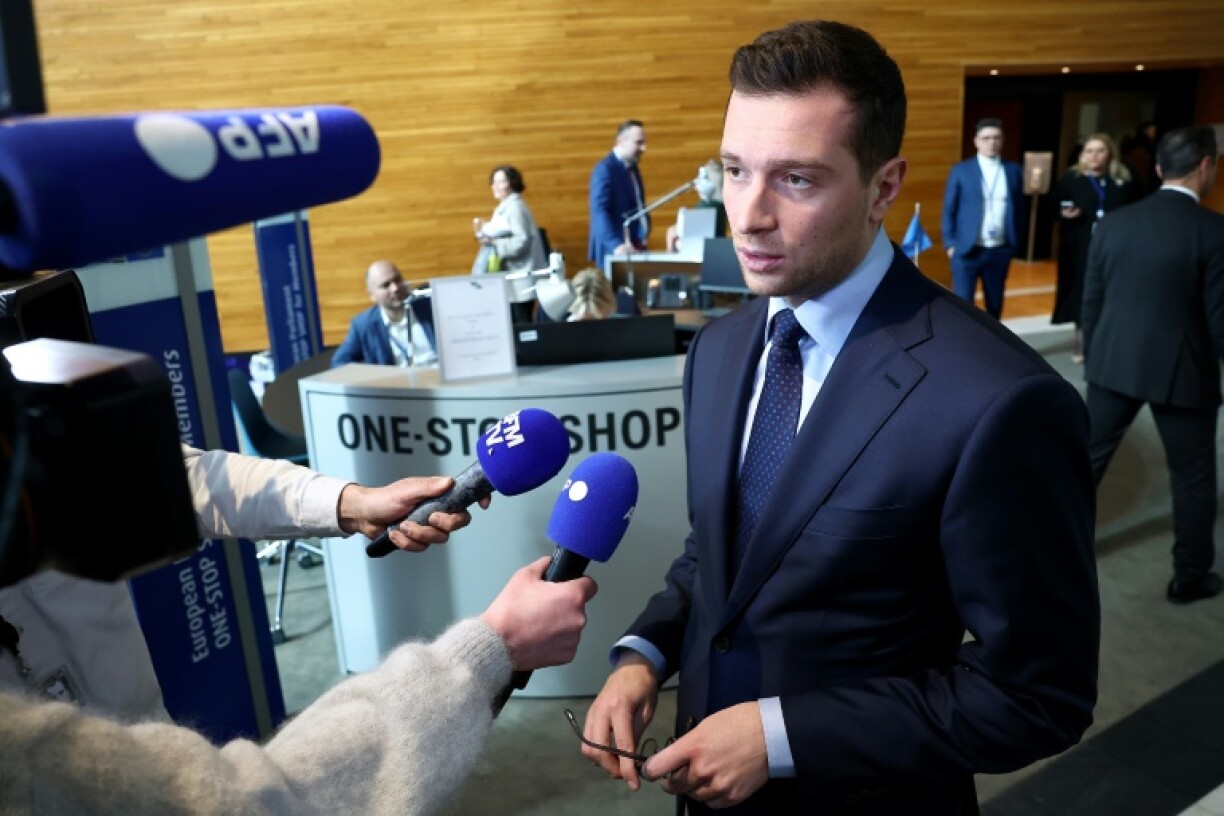 Jordan Bardella addressing reporters at the European Parliament in Strasbourg