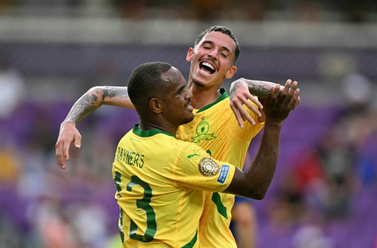 Iqraam Rayners celebrates with Brazilian teammate Arthur Sales after scoring for Mamelodi Sundowns against Ulsan HD at the Club World Cup