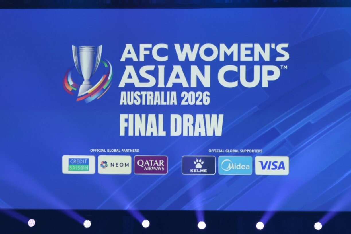 A screen displays the upcoming 2026 AFC Women's Asian Cup draw in Sydney