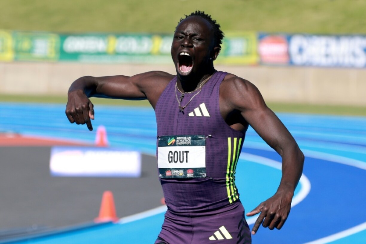 Gout Gout après sa victoire en 19.67 secondes lors du 200m des Championnats d'Australie d'athlétisme, dimanche à Sydney