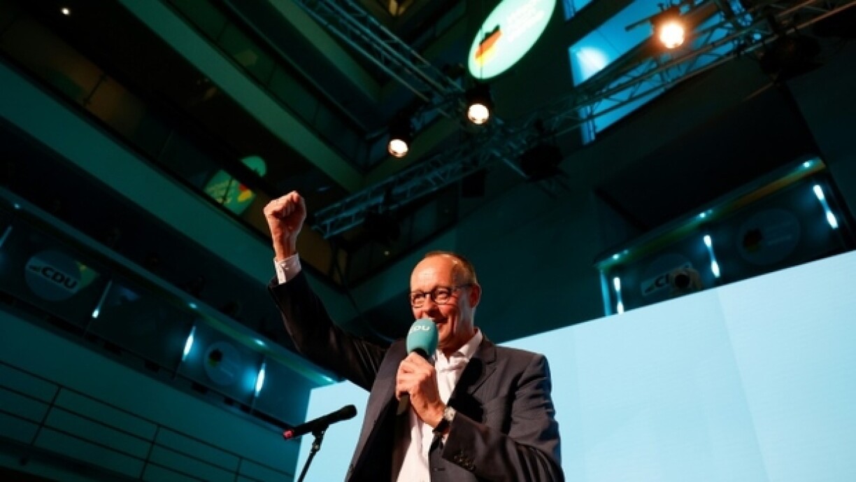 Le chef de la CDU Friedrich Merz pendant la soirée électorale à Berlin, le 23 février 2025