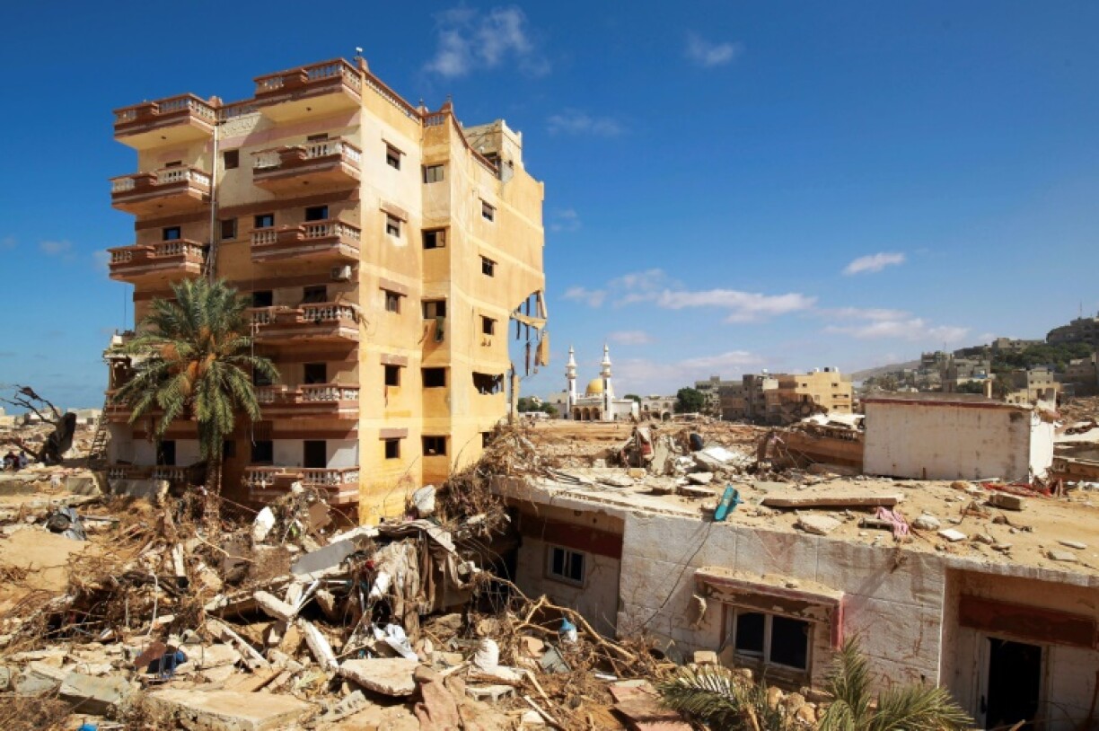 Un quartier de Derna endommagé par des inondatoins, le 14 septembre 2023 en Libye