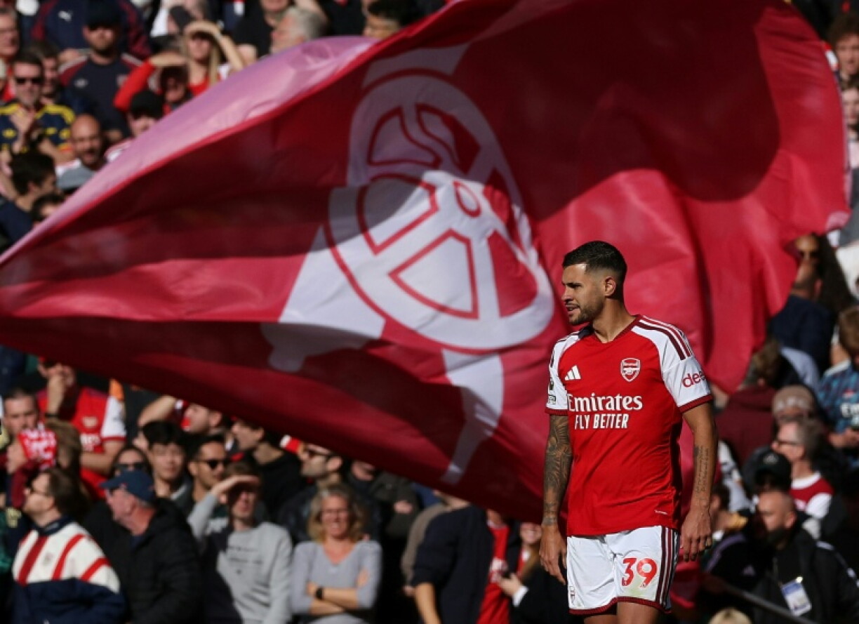Arsenal midfielder Bruno Guimaraes celebrates scoring his team's second goal against Leeds at the Emirates