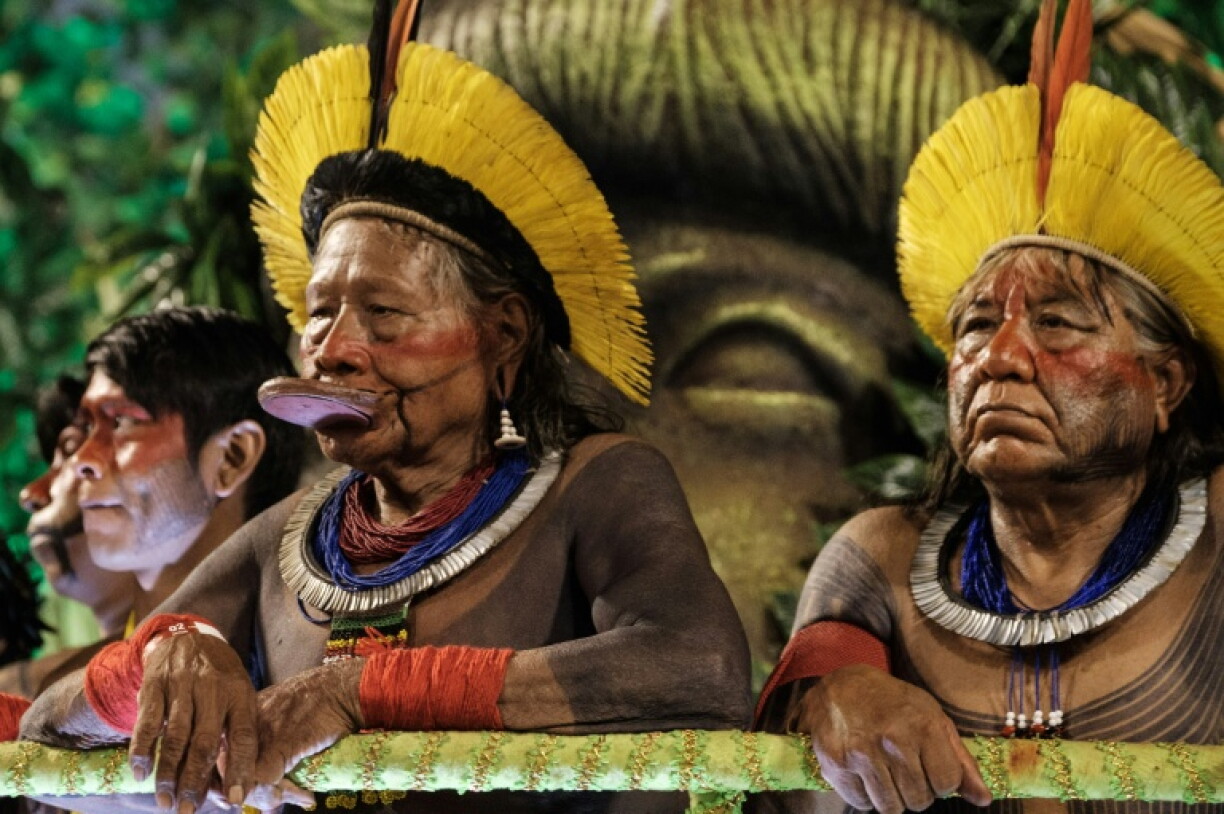 Raoni Metuktire (à gauche) et son neveu Megaron Txucarramae (à droite) durant un défilé du carnaval de Rio de Janeiro, en 2017