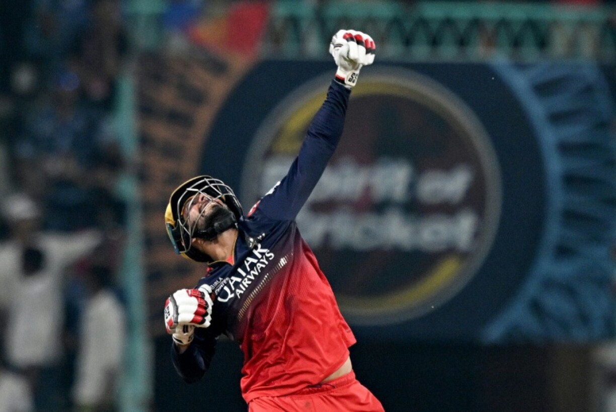 Royal Challengers Bengaluru's Jitesh Sharma celebrates his team's win against Lucknow Super Giants in the Indian Premier League
