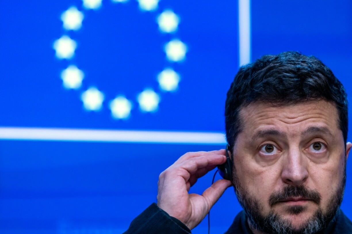 Ukraine's President Volodymyr Zelensky speaks during a press conference as part of a European Union summit at the EU headquarters in Brussels in October 2026