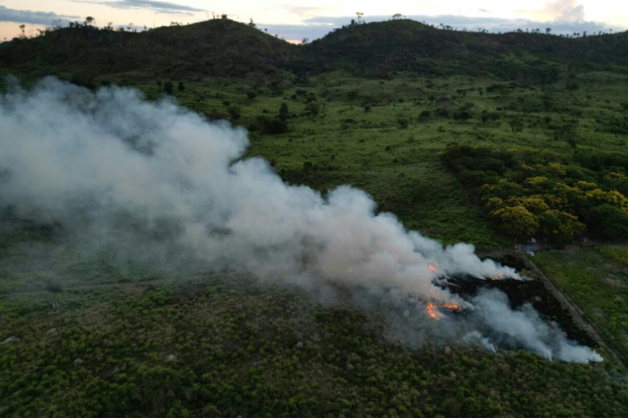 This aerial view shows a field fire in Sao Felix do Xingu, Para state, Brazil, on June 20, 2025