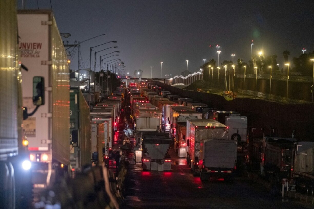 Cargo trucks queue in Mexico heading to the US border