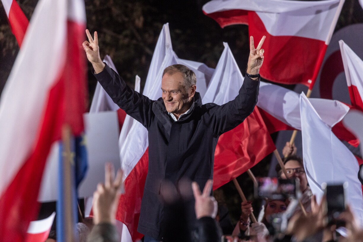 Donald Tusk, leader of the Civic Platform party, candidate in the upcoming Polish elections, speaks to the people who came to support him during the debate of main candidates in Warsaw, Poland on October 9, 2023.