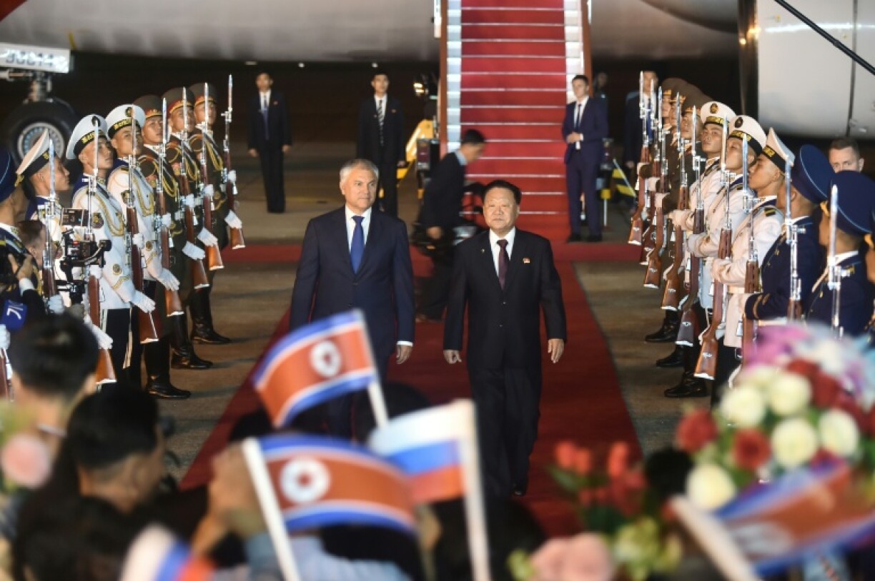 Vyacheslav Volodin (L), chairman of Russia's Duma, arrived in the North Korean capital on Thursday, according to state media