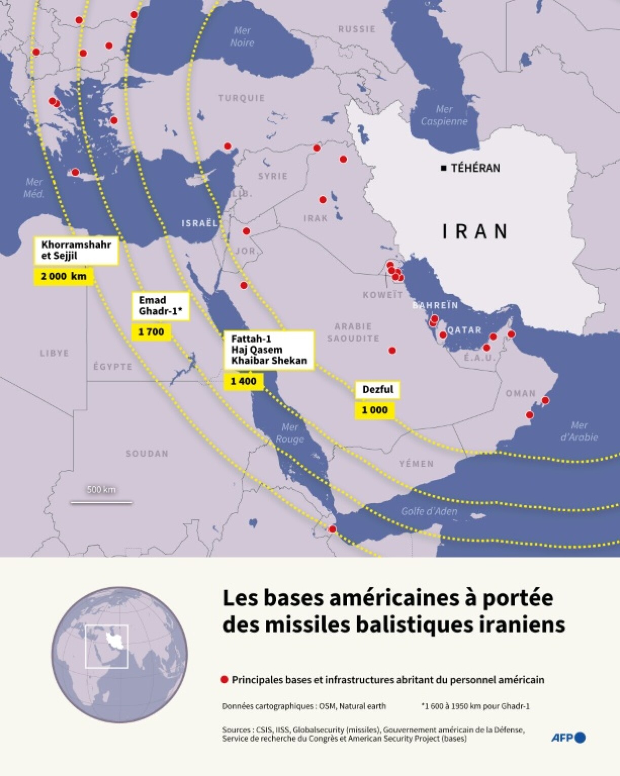 Carte montrant la portée des principaux missiles balistiques de moyenne portée iraniens et la localisation des principales bases américaines et infrastructures abritant du personnel américain au Moyen-Orient. Les portées sont indicatives car elles varient en fonction du poids de la charge